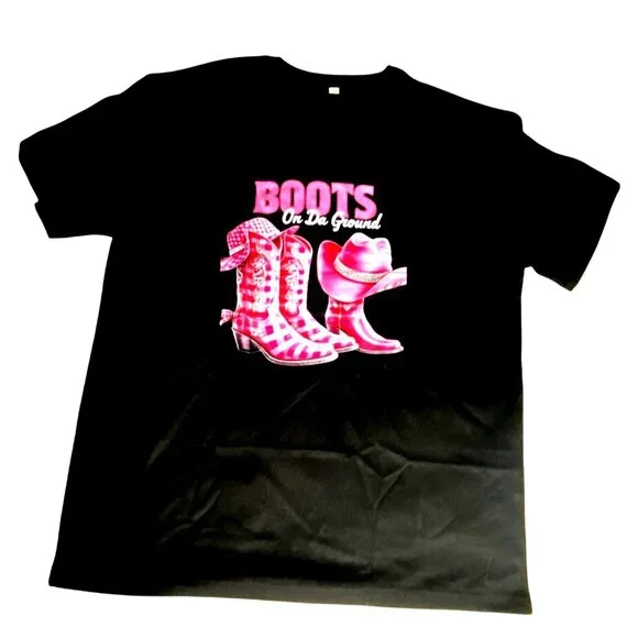 Black T-Shirt With Pink "Boots On Da Ground" Graphic Design Size XL - Picture 6 of 7